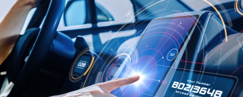 Futuristic car cockpit and touch screen. Autonomous car. Driverless vehicle. HUD(Head up display). GUI(Graphical User Interface). IoT(Internet of Things).